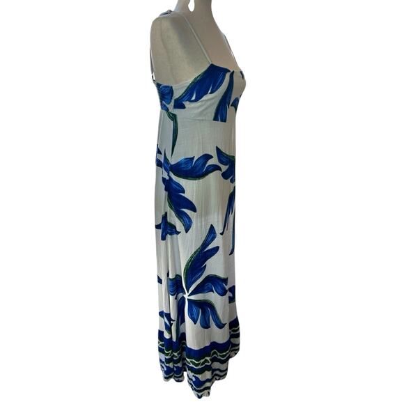 Label of Love Linen Blend Maxi Dress Blue White Tropical Sz Medium Summer Beachy - Picture 5 of 8